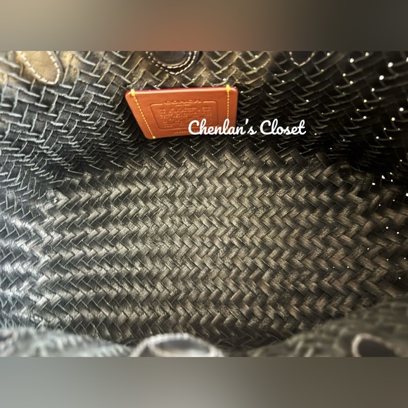 Coach Black Woven Leather Swing Tote Carryall Shoulder Bag Purse - Picture 6 of 13